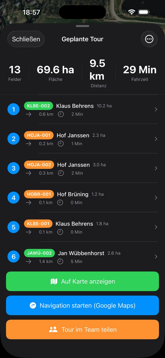 Berechnete Tour mit 13 Feldern und Reihenfolge